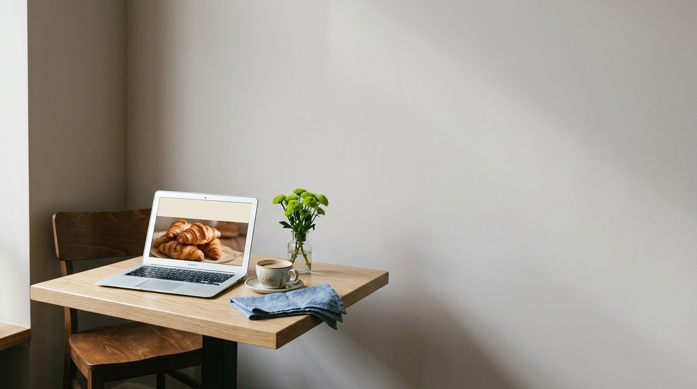 A pale oak cafe table with a laptop open to a cafe website, a cup of coffee, a vase of green flowers and a blue linen napkin.
