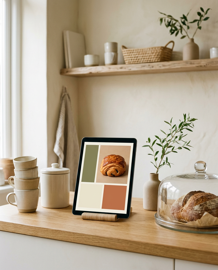 A bakery counter with a tablet propped up on a wooden stand showing a cafe web page, beside stacked cups, a cream canister and a loaf under a glass dome.