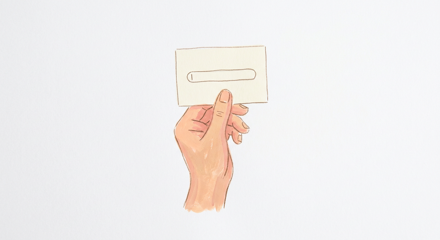A painted hand holding up a small card with a single empty line, ready for a website address.