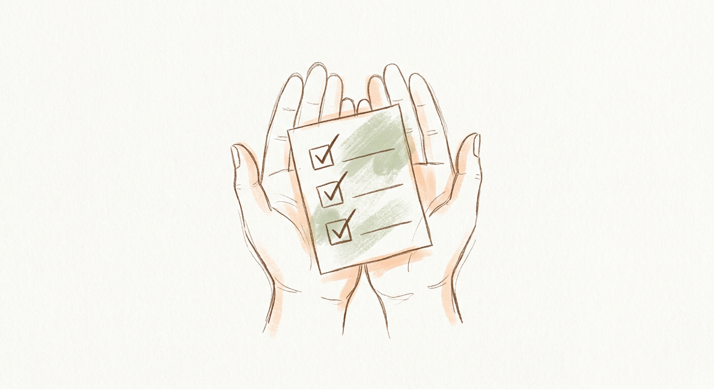 Two painted hands cupped around a checklist with three ticked boxes.