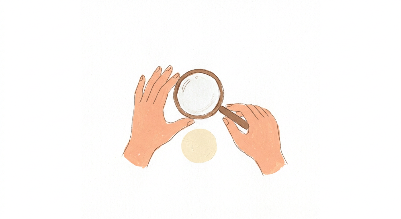 Two painted hands holding a magnifying glass over a small round shape.