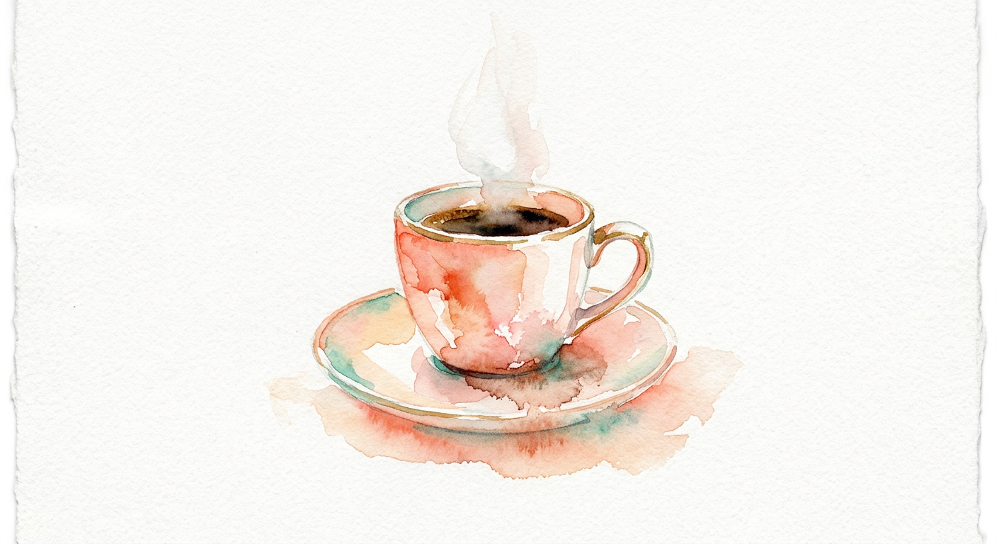 Watercolour of a steaming coffee cup on a saucer.