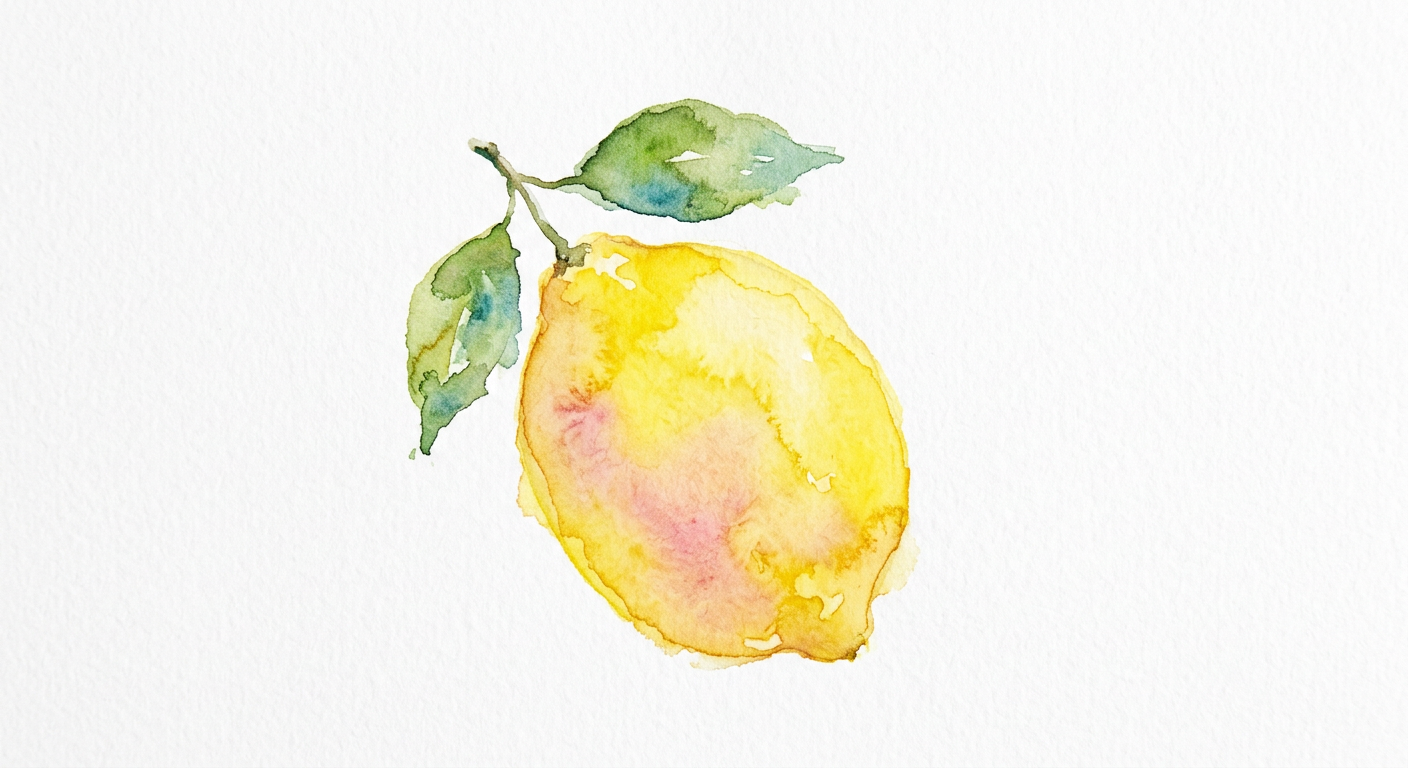 Watercolour of a lemon with two leaves.
